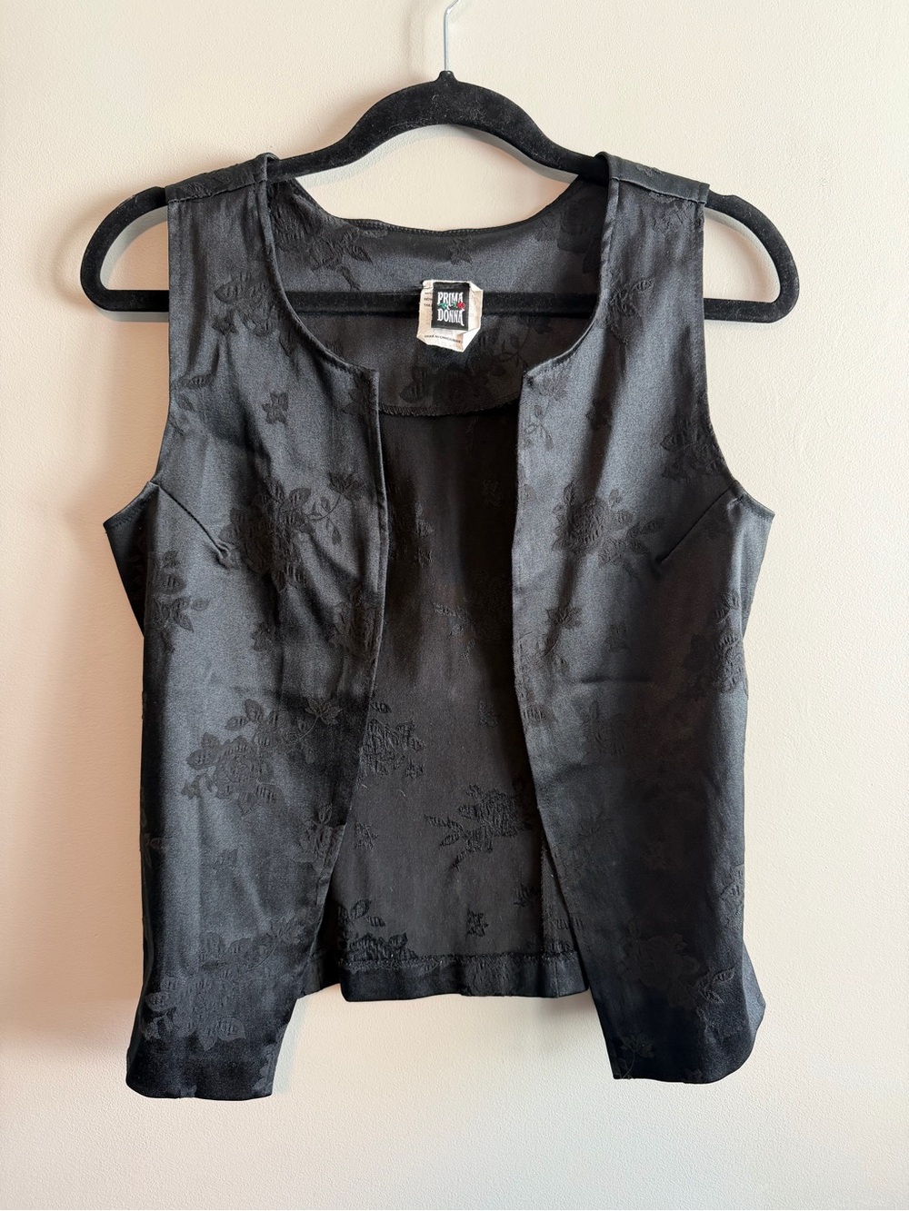 Vintage Prima Donna Black Floral Jacquard Open Front Vest Made in Canada Women’s